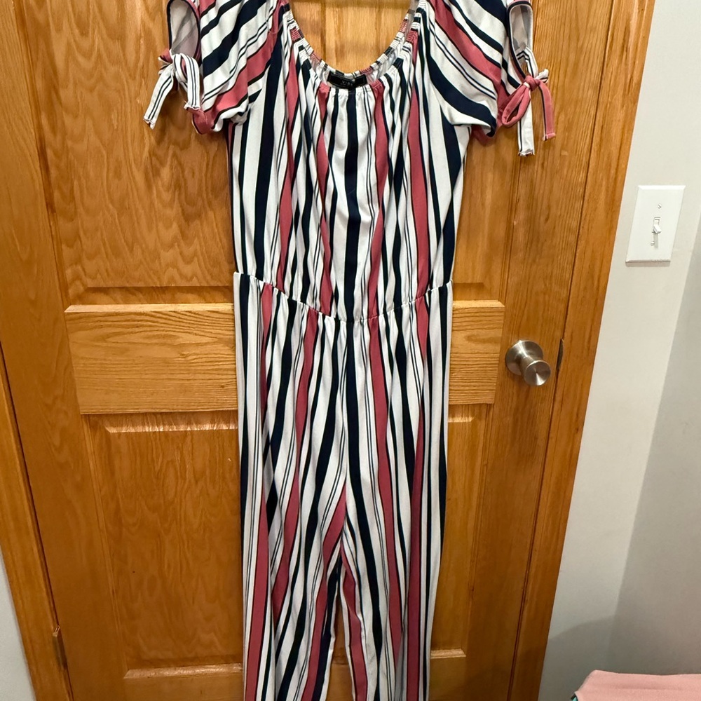 Vibe Striped Off-Shoulder Jumpsuit in Navy, White & Dusty Rose